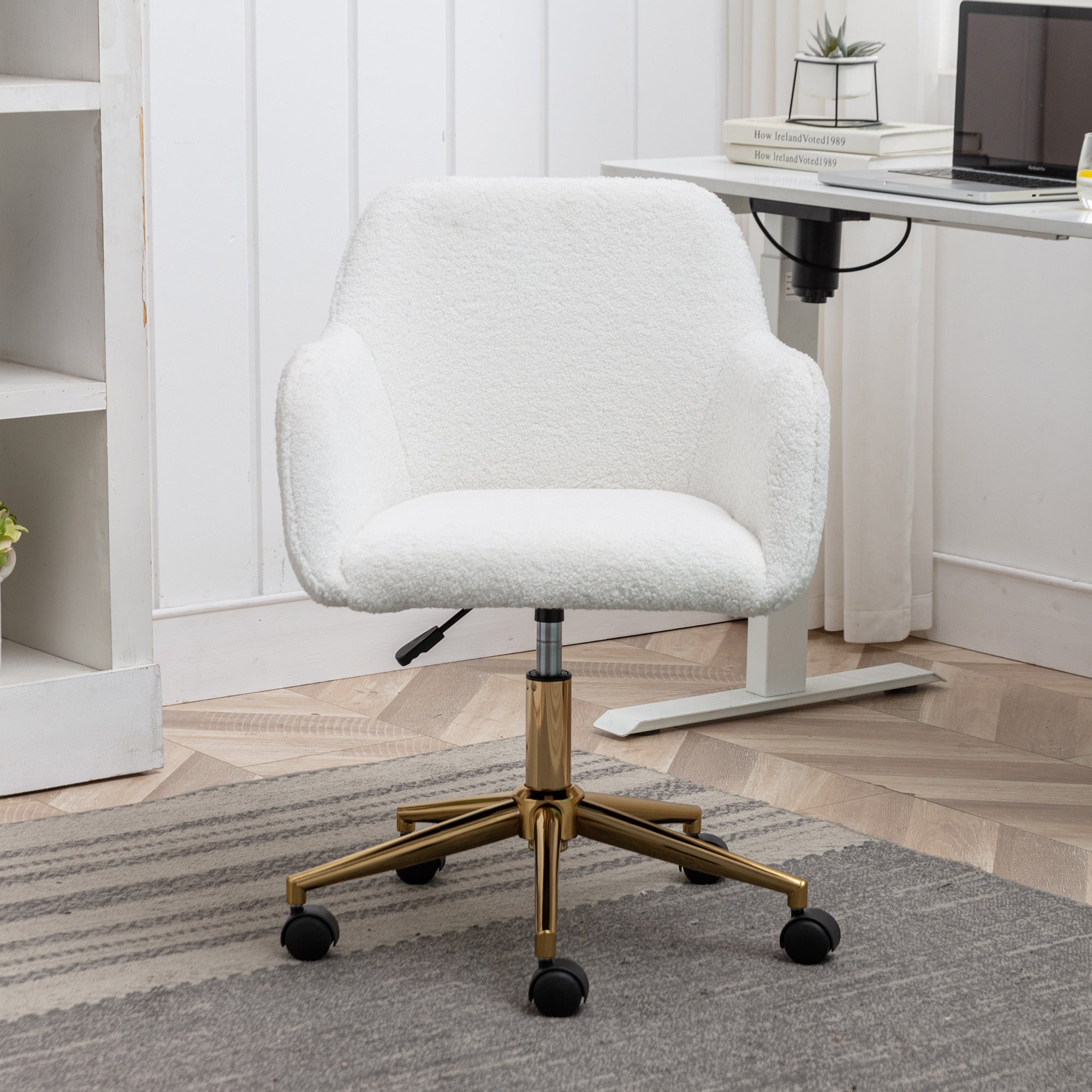 Teddy fleece upholstery close-up on white desk chair