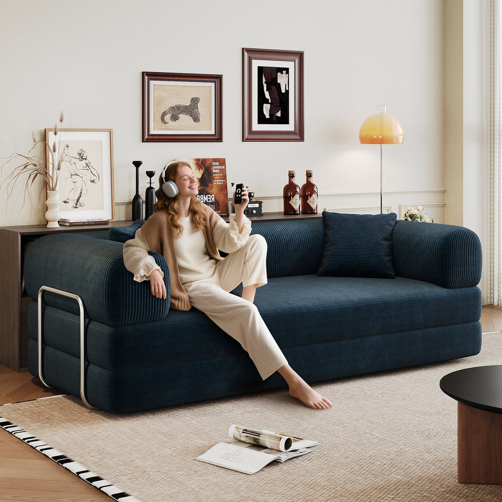 Corduroy Compression Convertible Floor Sofa Bed — Modular Loveseat, 78.8" Wide