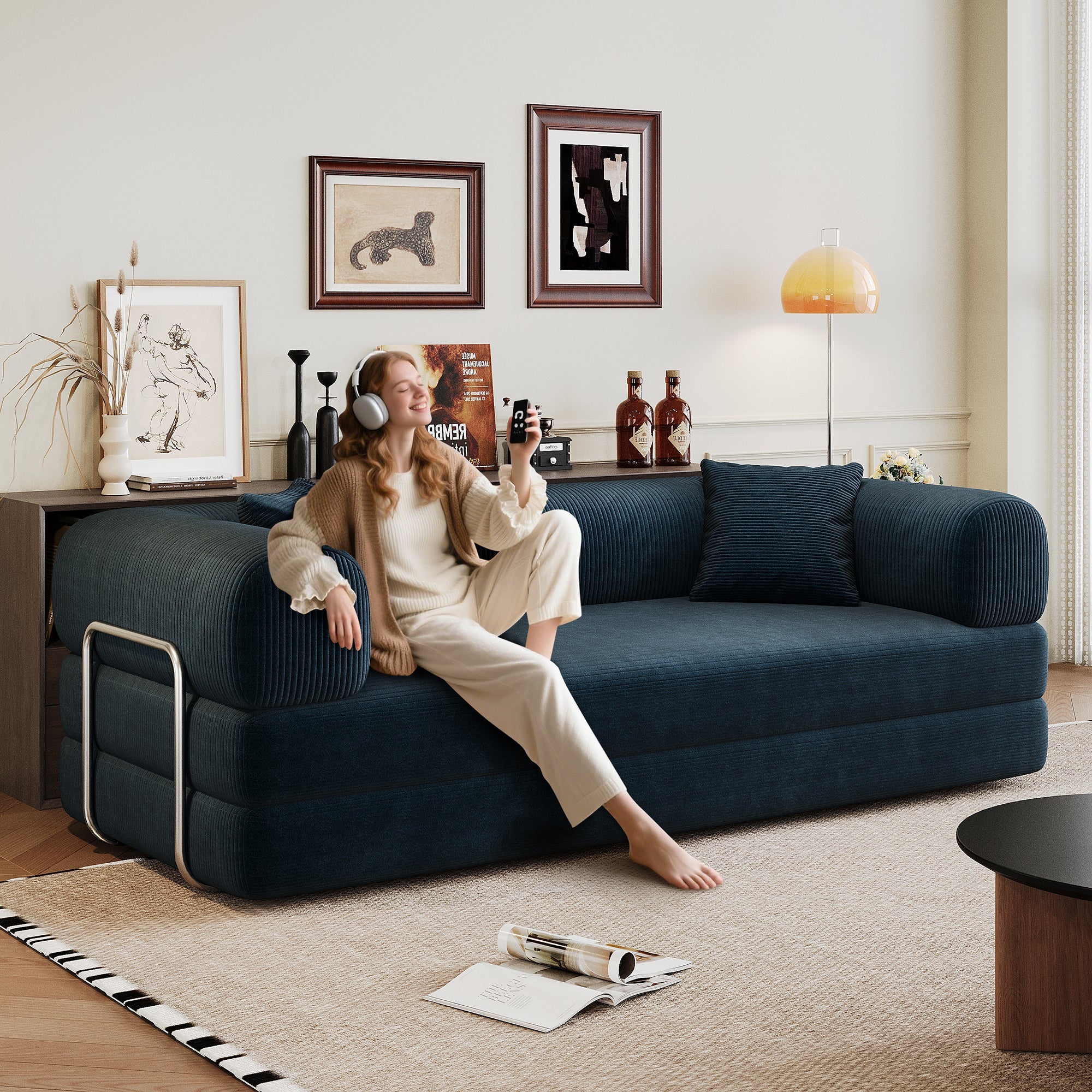 Corduroy Compression Convertible Floor Sofa Bed — Modular Loveseat, 78.8" Wide