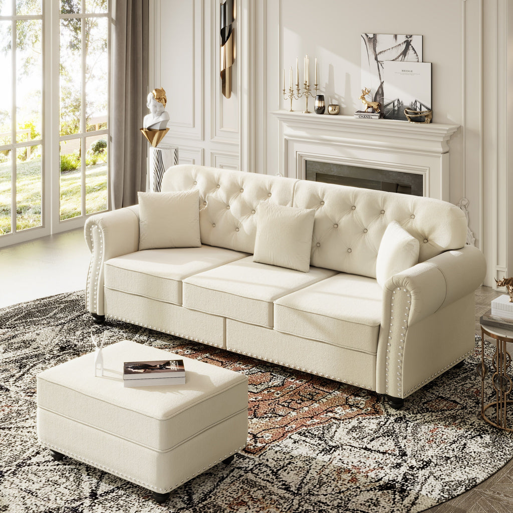 82.6'Upholstered Velvet Sofa with Nailhead Trim and Rolled Armrests,Mid-Century Modern Chesterfield Sofa with Button Tufted,Includes 3 Pillows,Burgundy