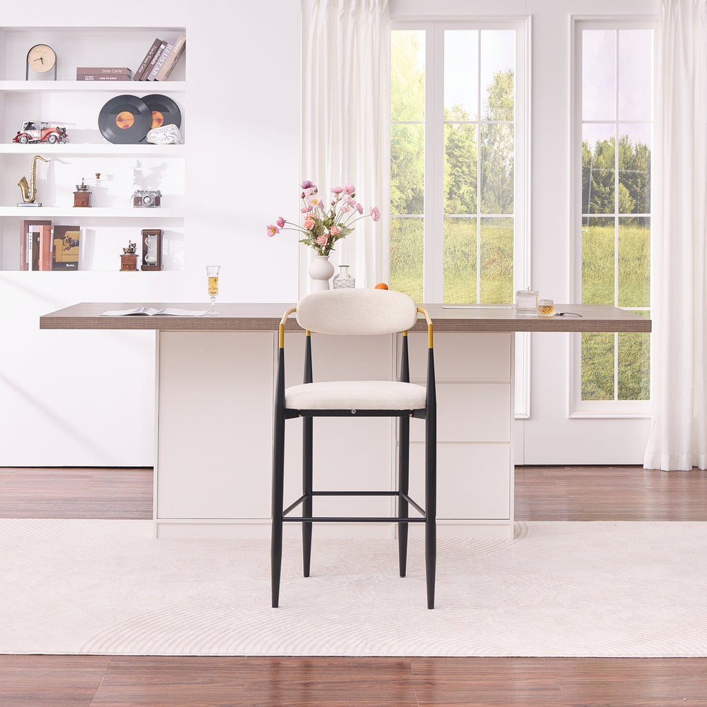 Modern Upholstered Bar Stool with Gold-Accented Armrests - 30' Seat Height,Ergonomic Design for Kitchen Island or Dining Counter Use,Set of 2 - Beige Fabric & Black Metal Frame