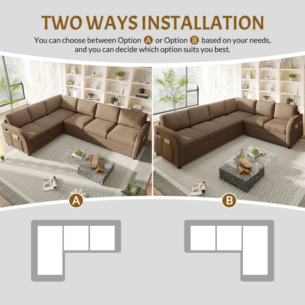 115.2' L-Shaped Sofa Couch with Pull-Out Bed,Oversize Convertible Sleeper Sofa with side Pocket & USB Port,Teddy Upholstered Sectional Couches with Convert Left/Right Facing, Light Grey