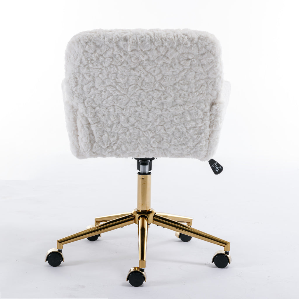Beige faux fur swivel office chair full product photo