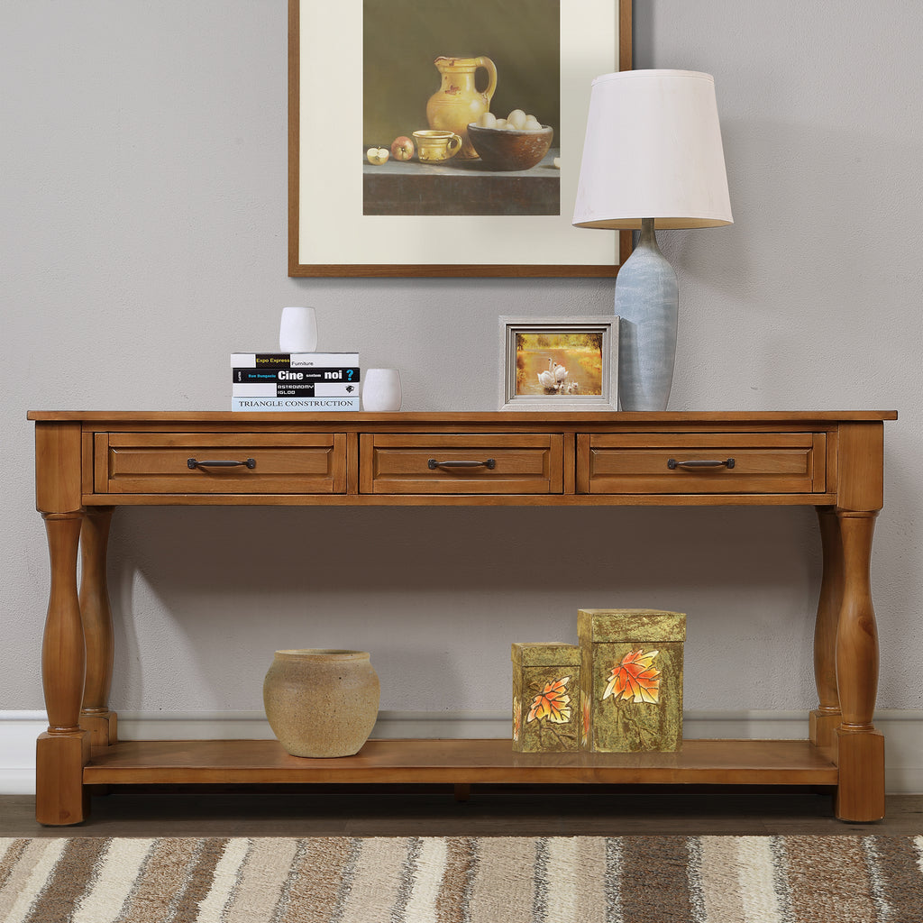 Brown mid-century console table three drawers — front view