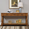 Brown mid-century console table three drawers — front view