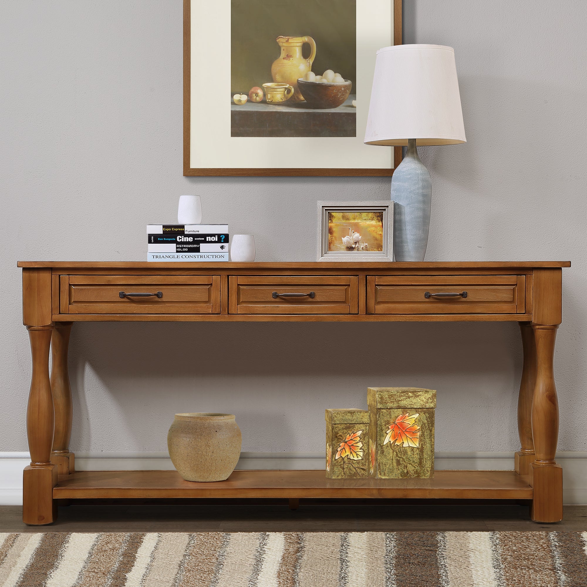 Brown mid-century console table three drawers — front view