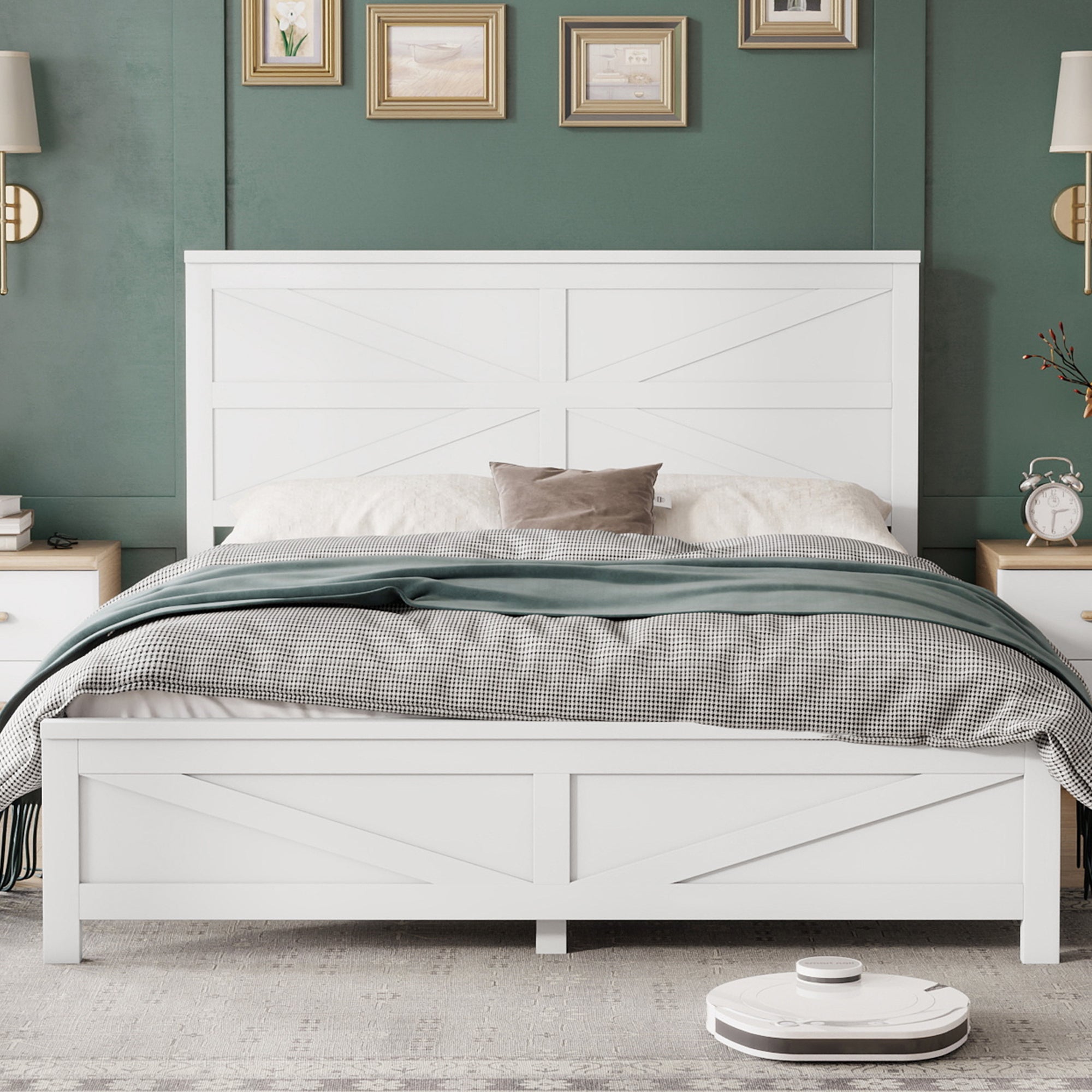 Farmhouse Style Queen Size Bed with Barn Door Designed Headboard and Footboard, Pinewood Bed with Strengthened Bed Frame ,White