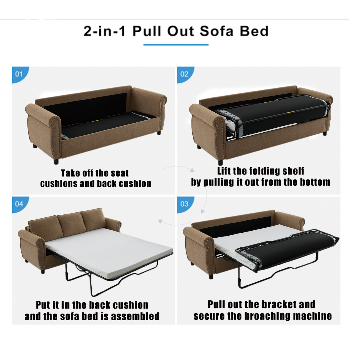 [NEW ARRIVED] [VIDEO PROVIDED] 81.5' 2-in-1 Queen Convertible Sleeper Sofa Bed, Pull Out Couch Bed,3 seater sofa bed,with 3.35' Memory Foam Mattress ,Rivet handrail,Beige(Old sku:W2108S00091)