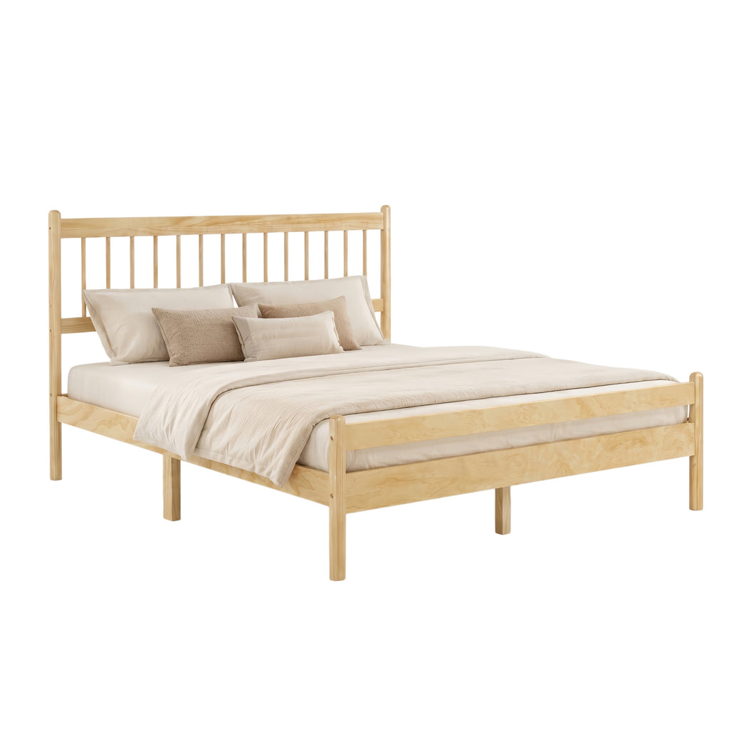 Traditional Style Queen Size Bed with Headboard and Footboard, Pinewood Bed with Strengthened Bed Frame ,Walnut
