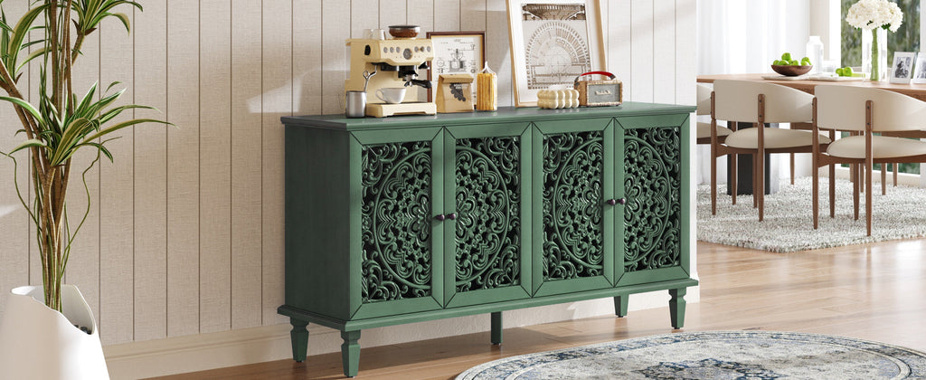 60' Antique Buffet Cabinet with Floral Carvings with Solid Wood Legs&Antique Brass Handles&Adjustable Shelves, TV Stand for 65''+ TV, Sideboard for Living Room,Dining Room (Antique Grey White)