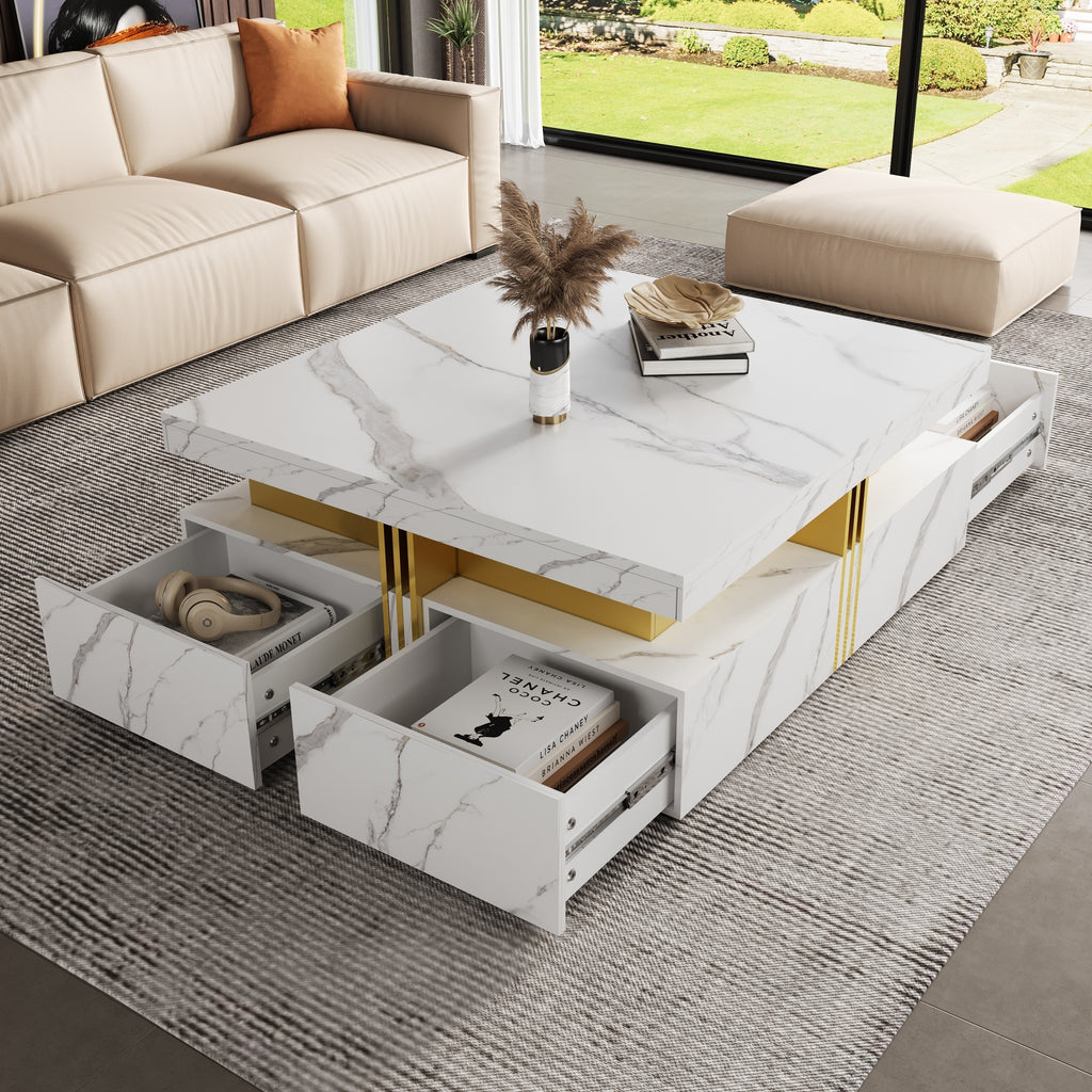 White square storage coffee table four drawers — front view