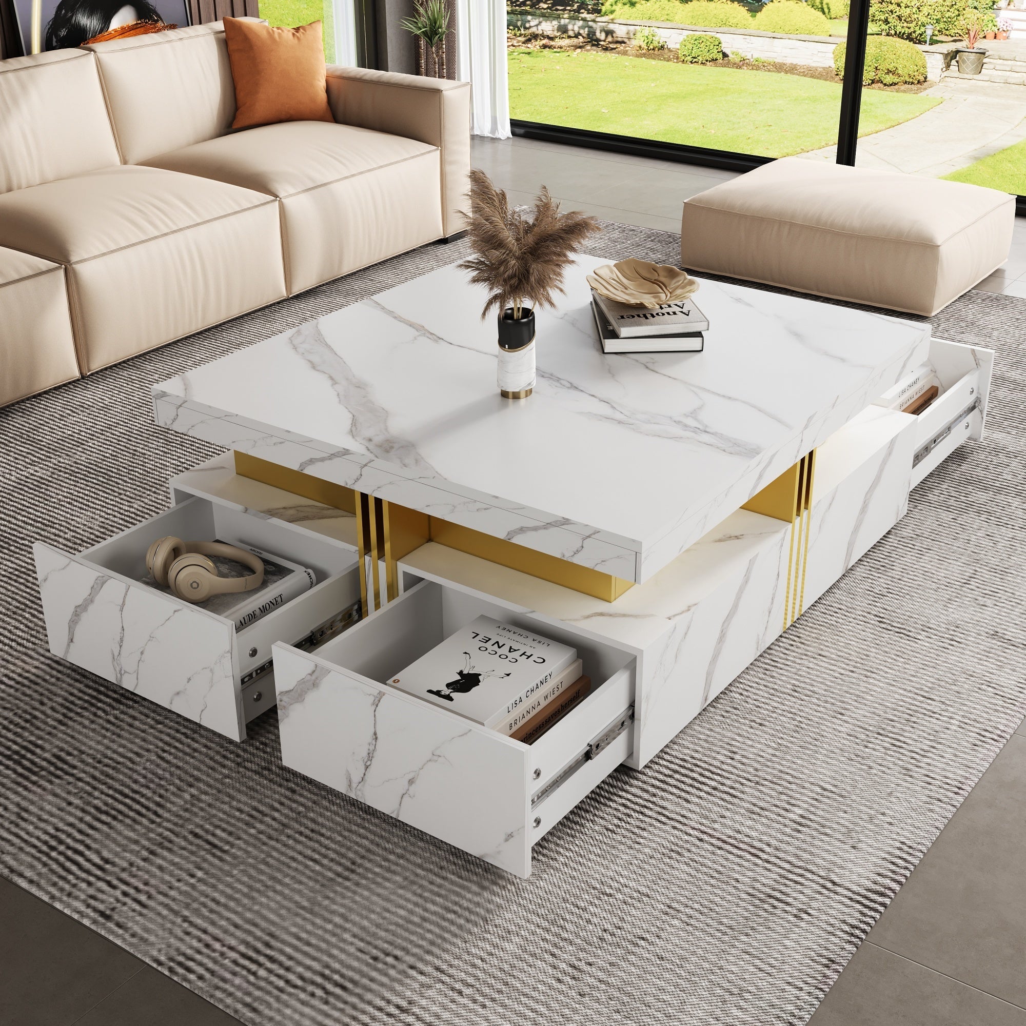 Square Storage Coffee Table — 4 Drawers & Gold Accents