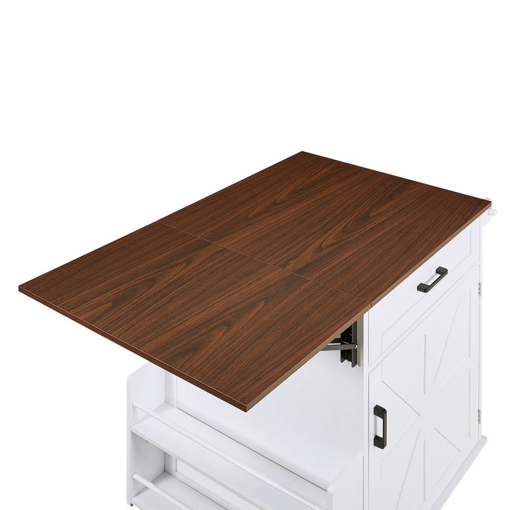 K&K 39.3' Farmhouse Kitchen Island with Drop Leaf, Kitchen Storage Island with Open Side Rack, One Drawer, Towel Rack, Rolling Kitchen Cart with Lockable Wheels for Lawn Garden, Black
