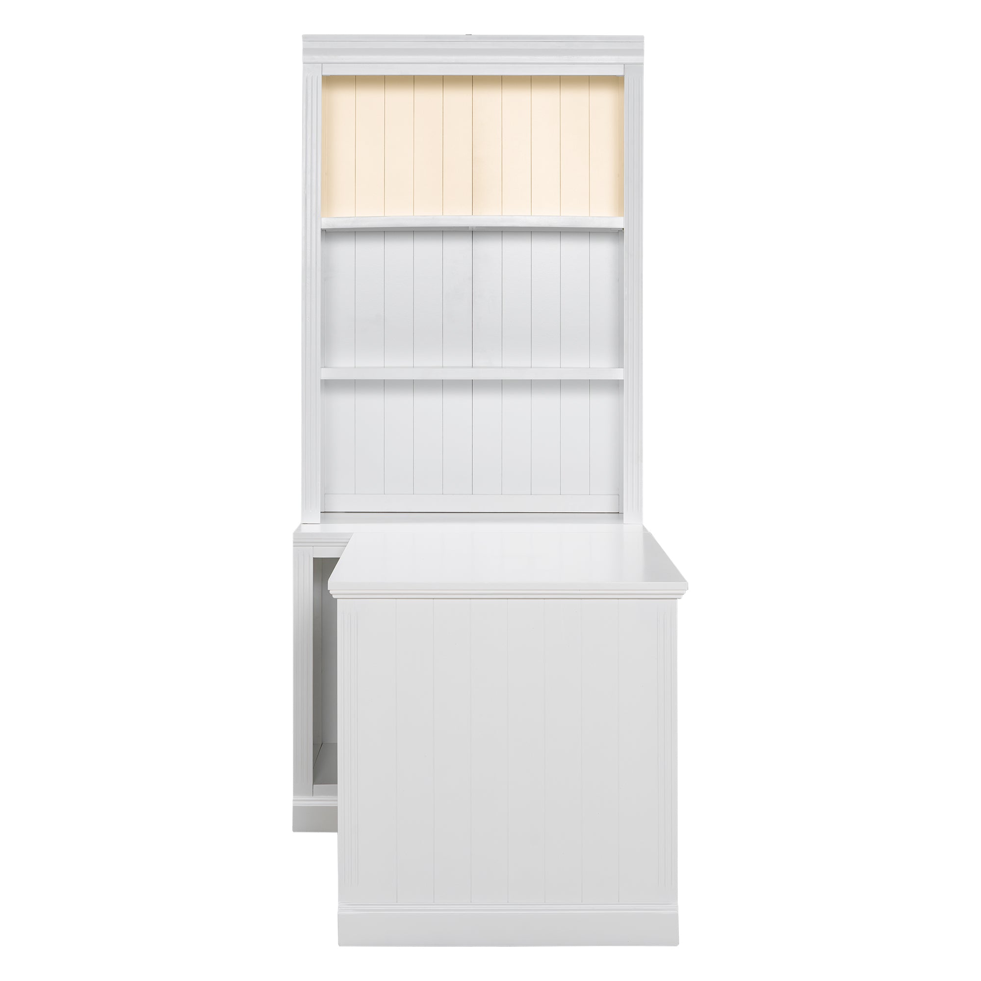 White bookshelf desk side profile with open shelves