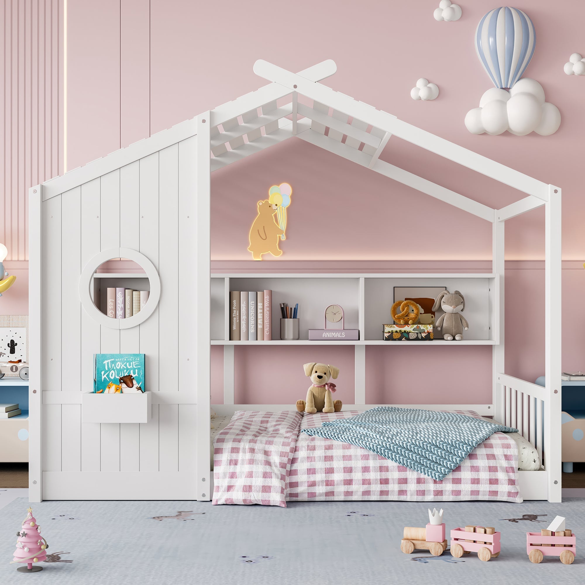 Twin Size Floor House Bed for Toddler, Kids Montessori Bed with Storage Shelf, Playhouse Bed with Roof Design, Gray