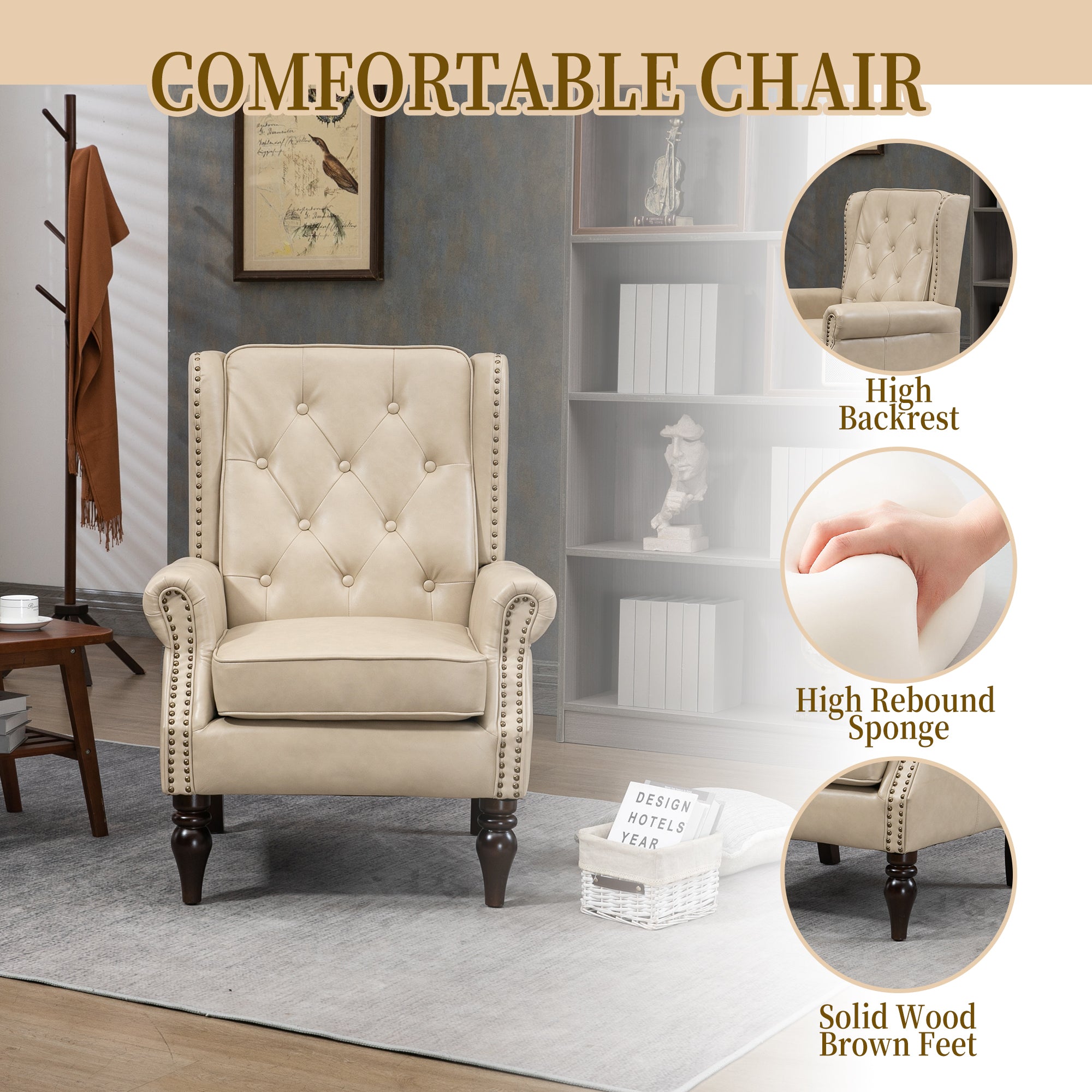 Camel accent chair in living room setting