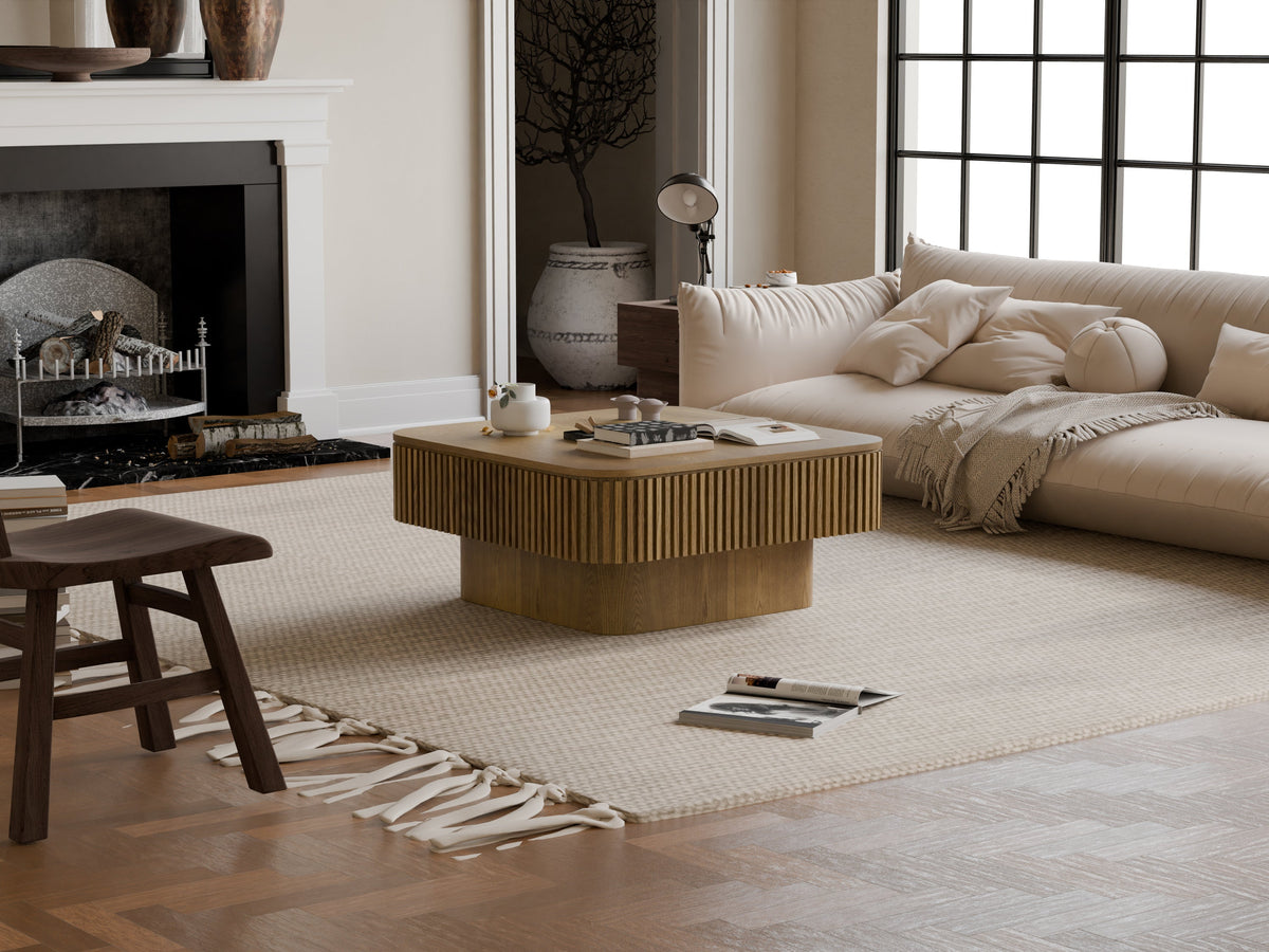 31.5'' Square Coffee Table with Storage Solid Wood Veneered Modern Coffee Table Accent Tea Table for Living Room, Bedroom, Apartment or Office, Natural Wood