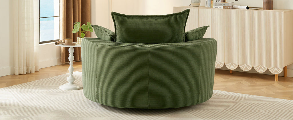 Corduroy Swivel Barrel Chair — 360° with Removable Pillows
