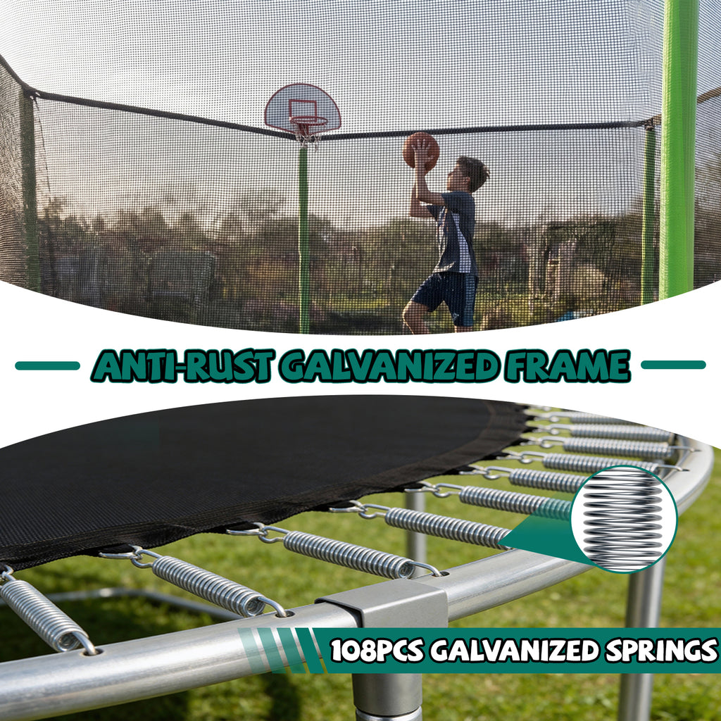 Green trampoline jumping mat heavy-duty weave outdoor backyard view