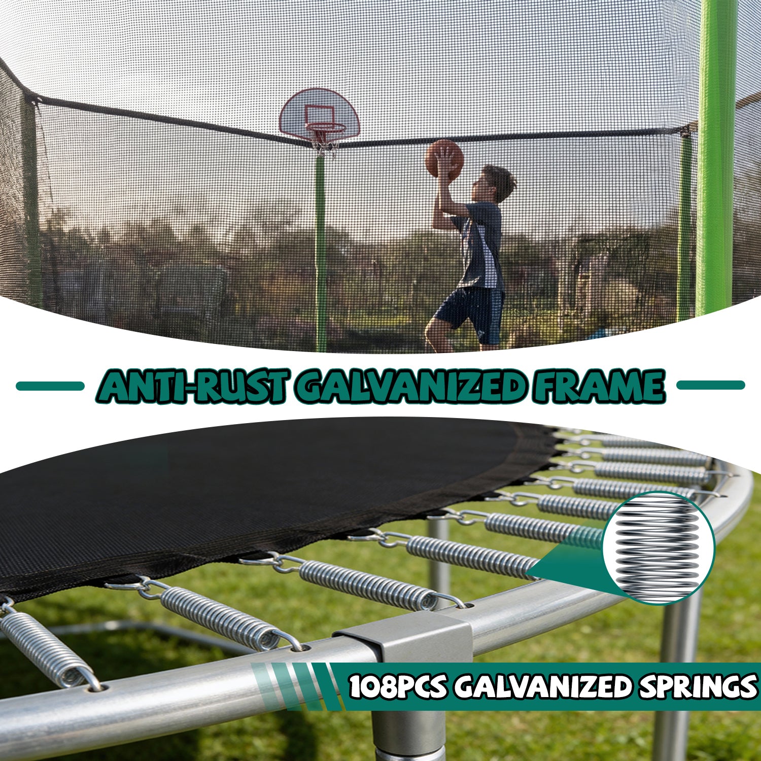 Green trampoline jumping mat heavy-duty weave outdoor backyard view