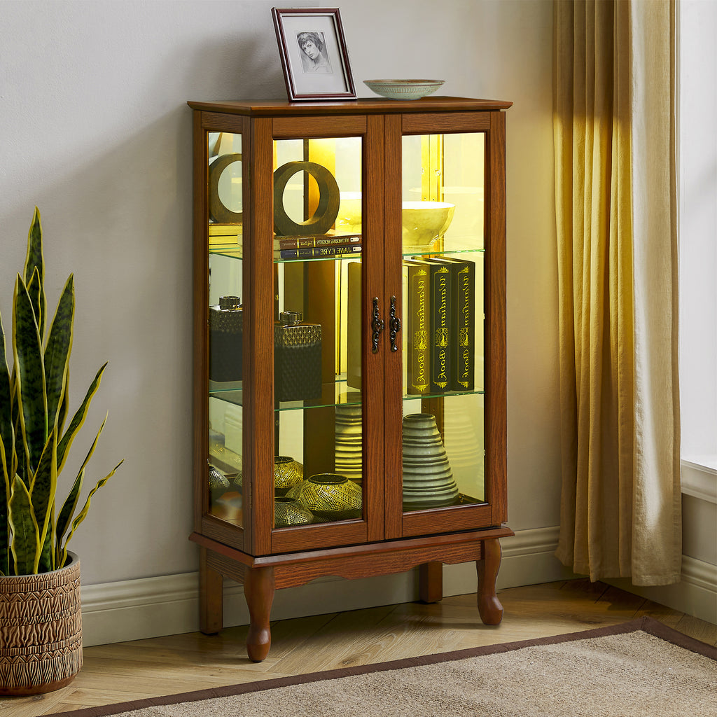 Oak finish lighted display cabinet collectibles showcase
