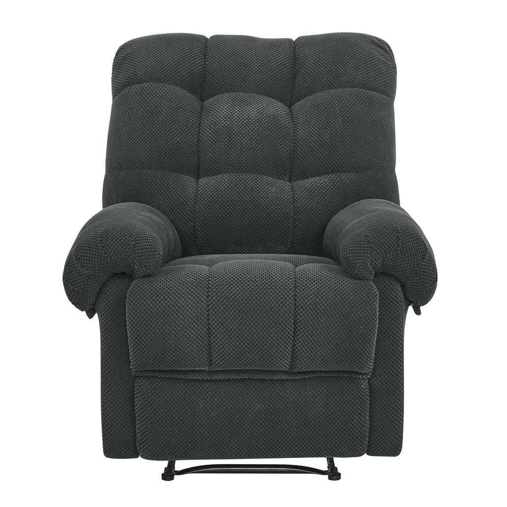 Dark gray manual recliner with padded footrest — front view