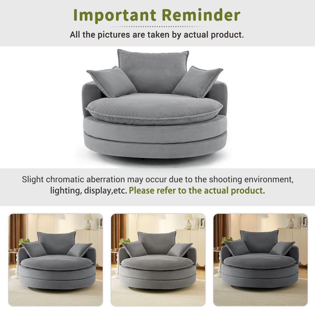 Blue Corduroy 360° Swivel Barrel Accent Chair with Dual-Layer Cushion & 3 Pillows