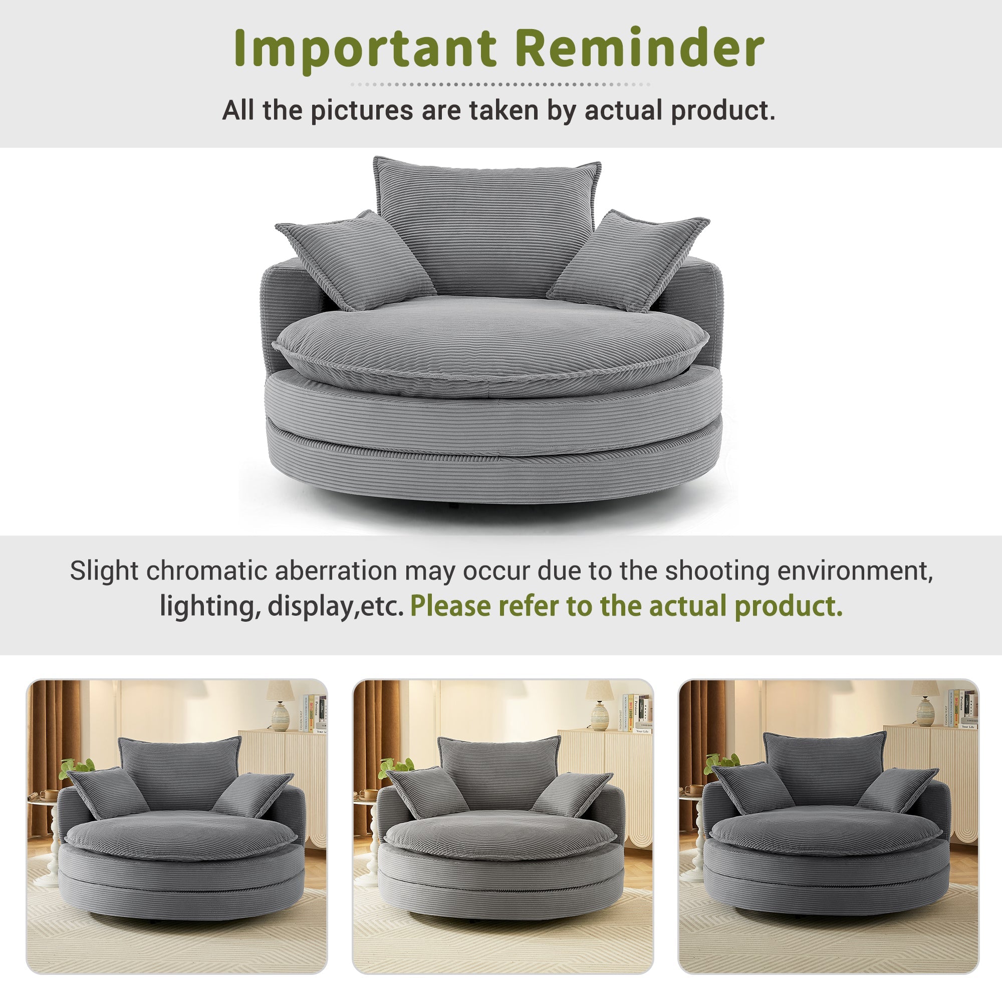 Blue Corduroy 360° Swivel Barrel Accent Chair with Dual-Layer Cushion & 3 Pillows