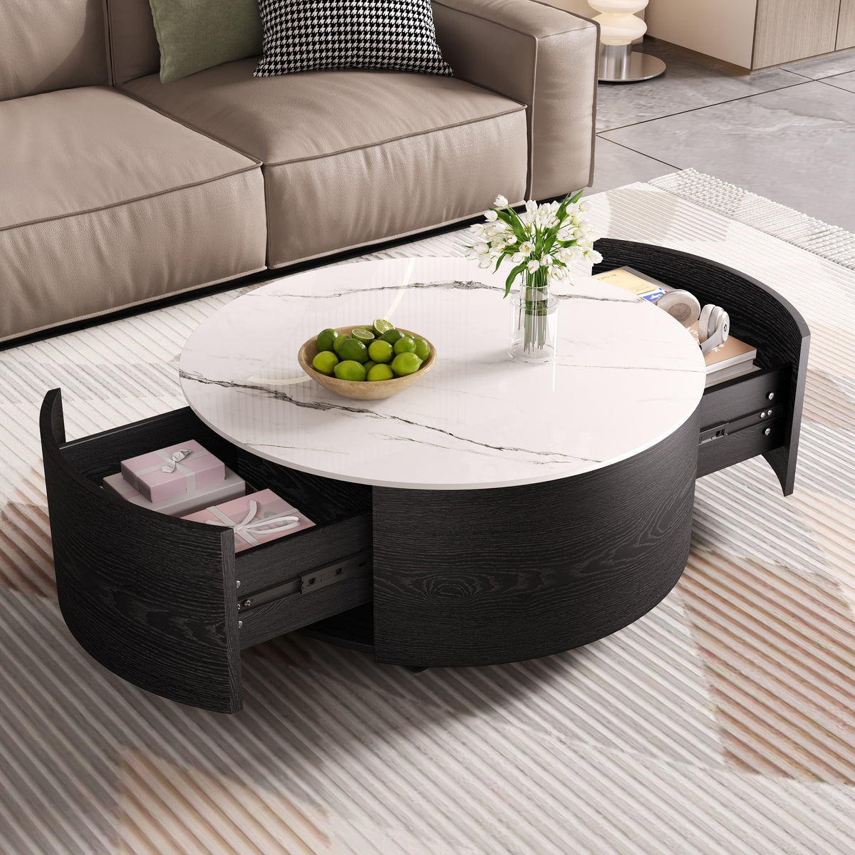 Modern Round Movable Coffee Table with Casters, 2 Drawers, Marble Pattern Sintered Stone Top, Black, 29.5'