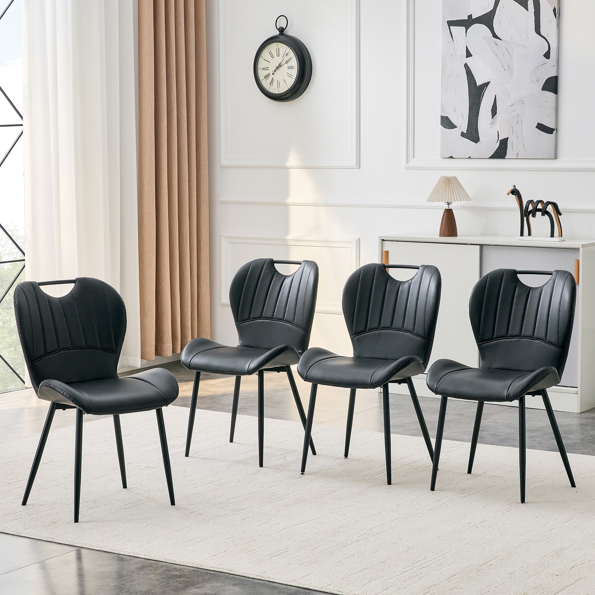 Set of 4 Black PU Dining Chairs with Integrated Handle. Black Metal Frame, Adjustable Leveling Feet. Home Dining Chairs with Extra-Wide Comfortable Cushion, Versatile for Multiple Scenarios.