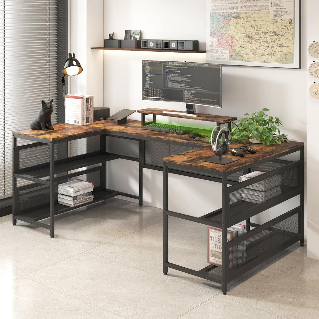 Brown U-shaped computer desk with power outlets and LED strip — front view