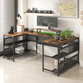 Brown U-shaped computer desk with power outlets and LED strip — front view