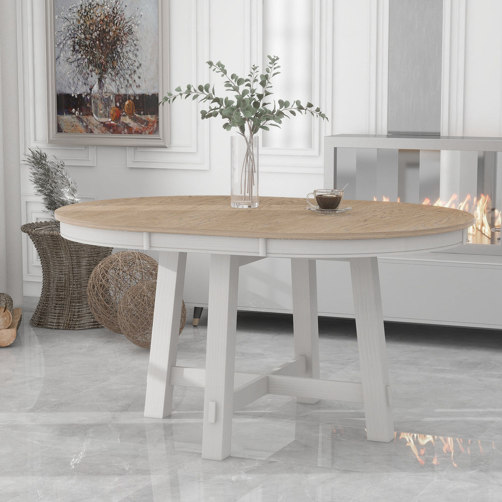 Oak antique white round extendable dining table — front view