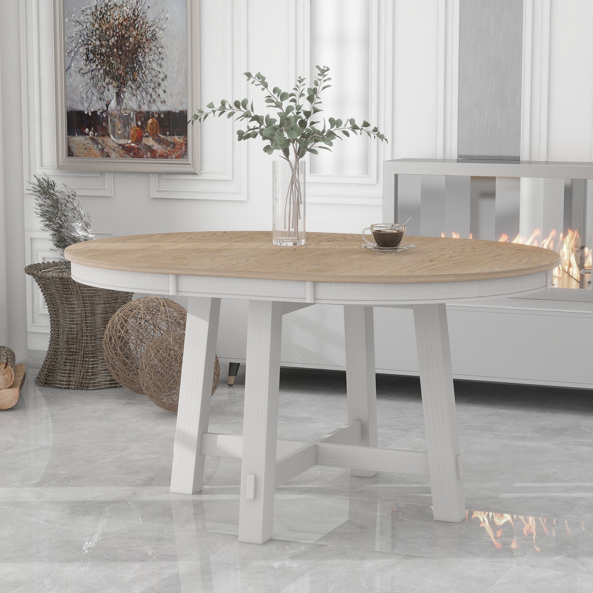 Oak antique white round extendable dining table — front view