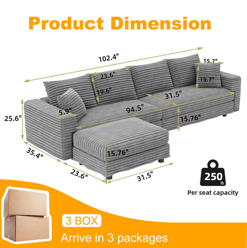102.4 'Plush Corduroy 4-Seat Sofa,Modern Comfy Upholstered Sofa Cloud Couch,Deep Seat Couches with Soft Pillows and 3 Ottomans,Convertible Sofa Lounge Chair,Black(Old SKU:W1885S00287)