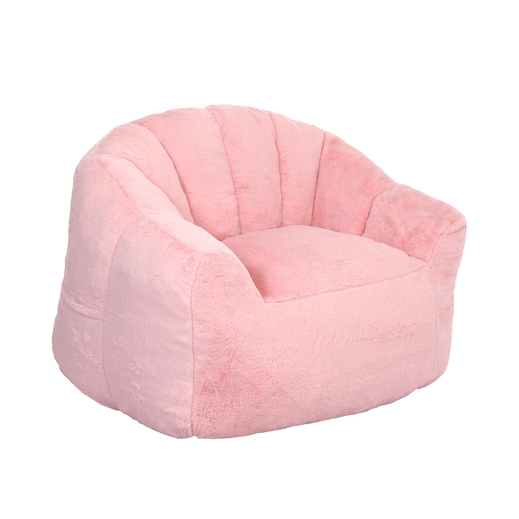 Pink faux fur bean bag sofa chair with armrests — front view