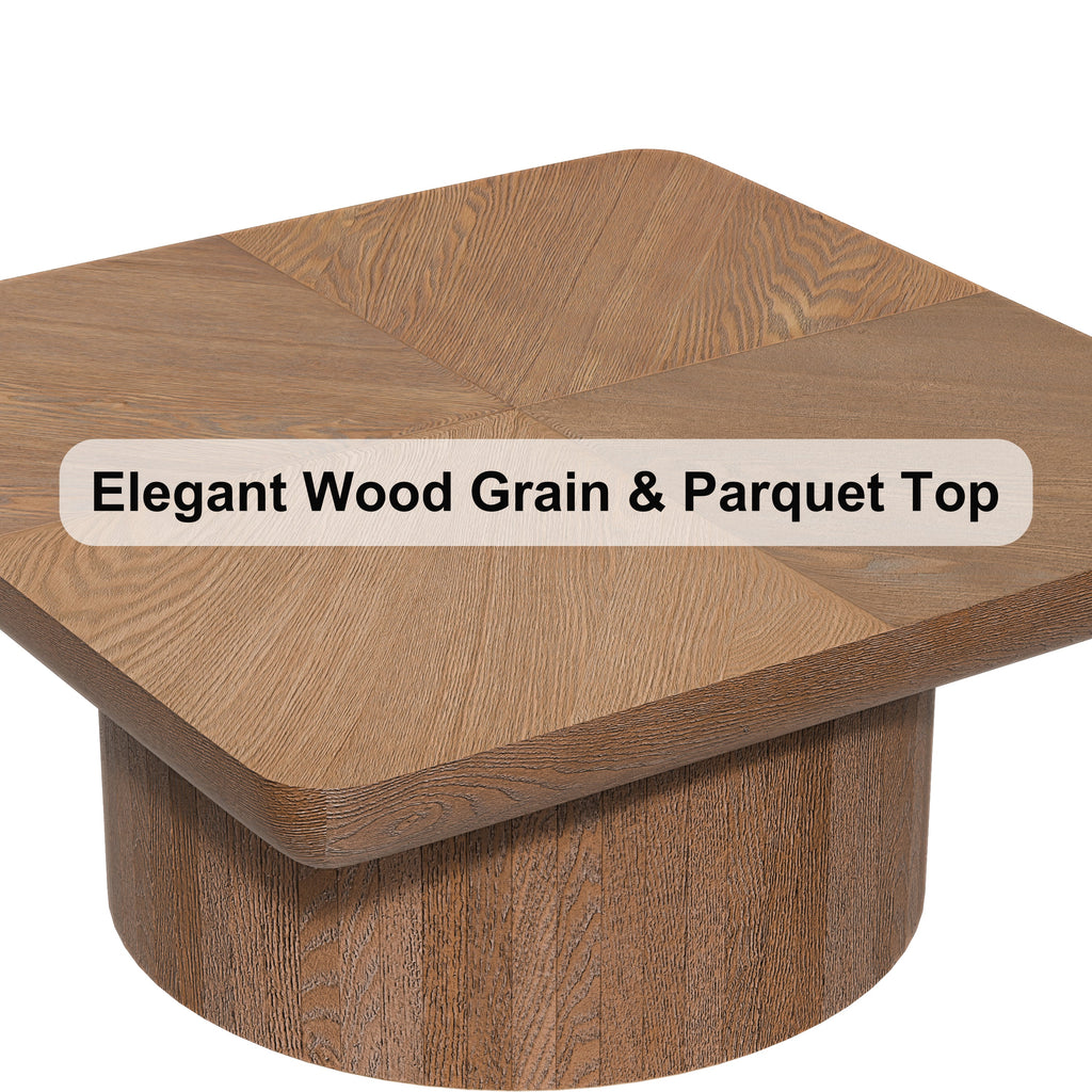 34.6'' Square Coffee Table for Living Room, Modern Wood Veneer Top with Parquet Pattern & Cylindrical Base, Thickened Tabletop, Easy Assembly, Natural Wood