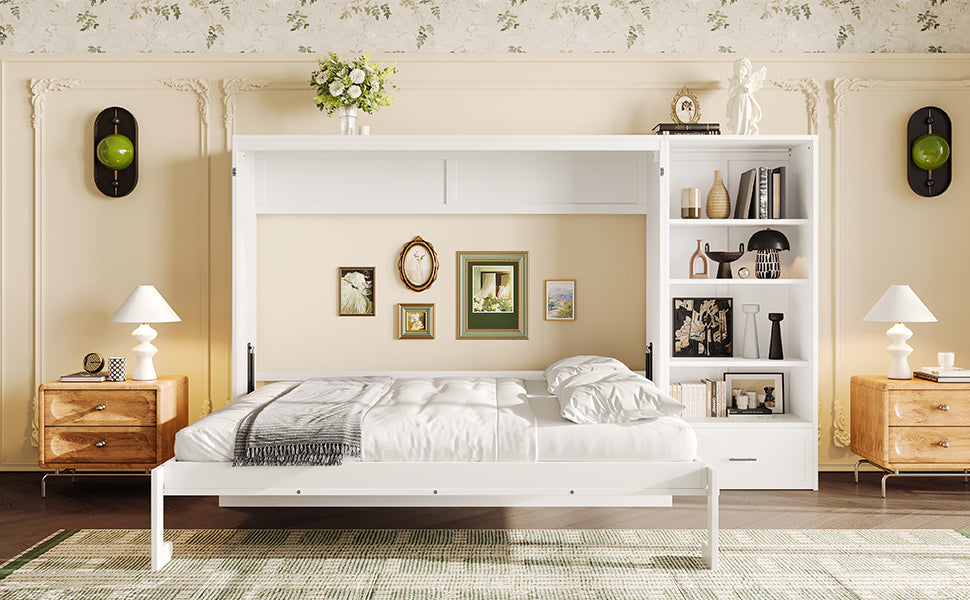 Queen Size Murphy Bed with Height Adjustable Storage Compartments and Shelf, Wall Bed Frame With 1 Drawer, Multifunctional Foldable Platform Bed for Bedroom,Guest Room, Walnut(OLD SKU:N733S309223D)