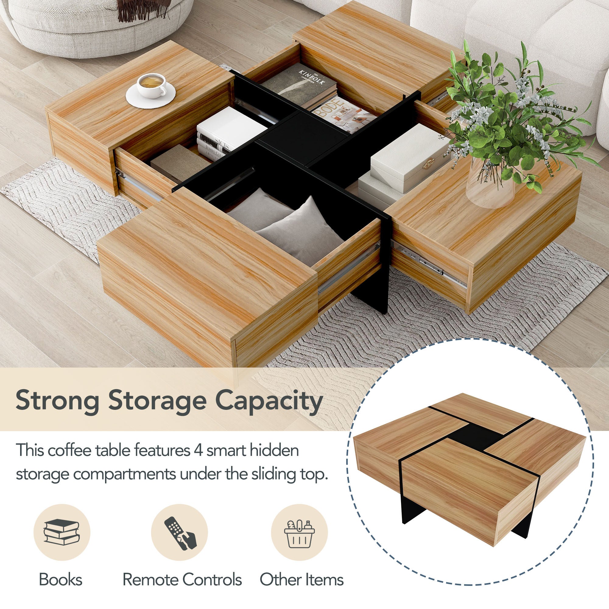 Coffee table sliding rails smooth movement close-up