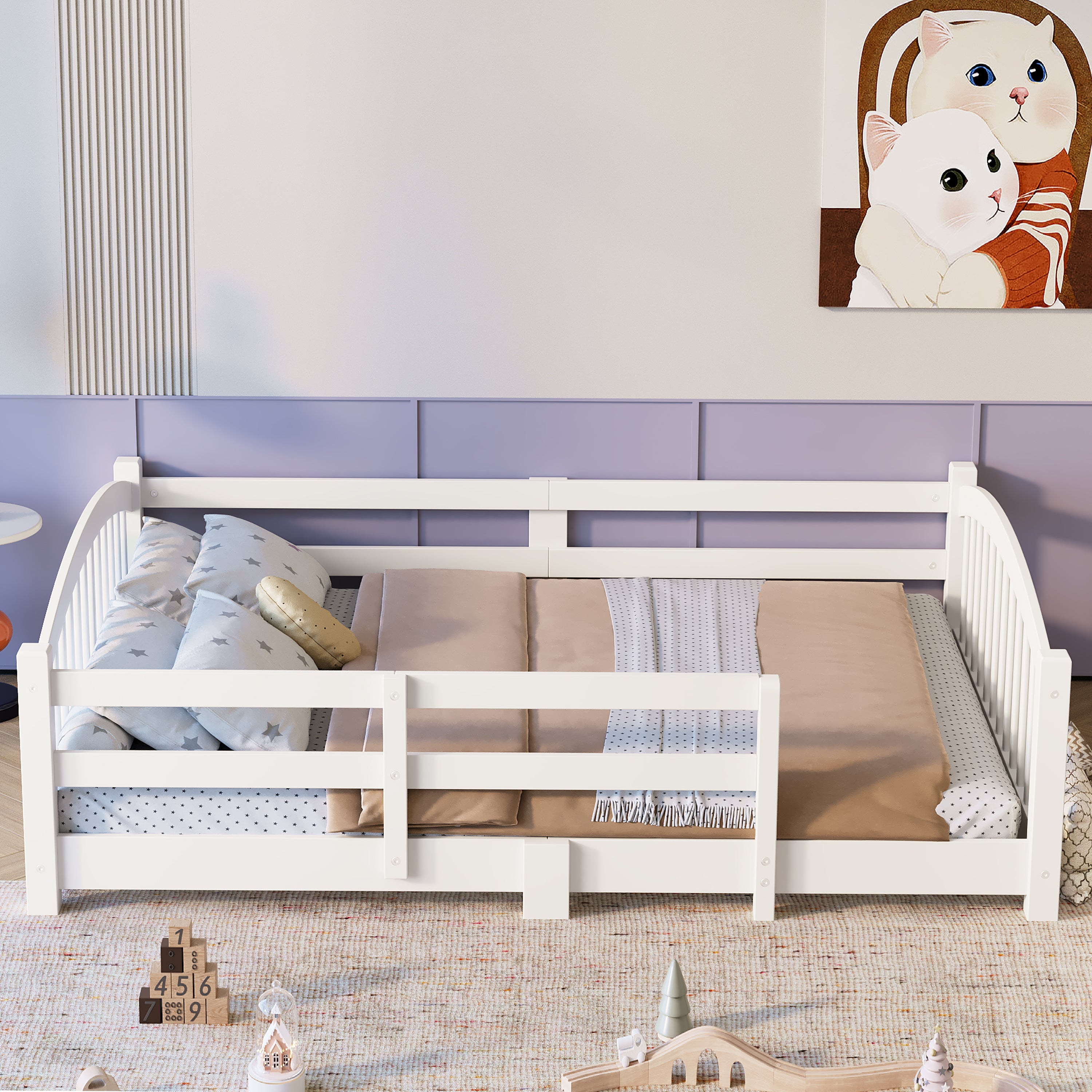 Full Montessori Floor Bed with Slats and Safety Guardrails, Solid Wood Floor Bed with Fence and Without Door, Easy Assemble Montessori Bed for Girls and Boys, Gray