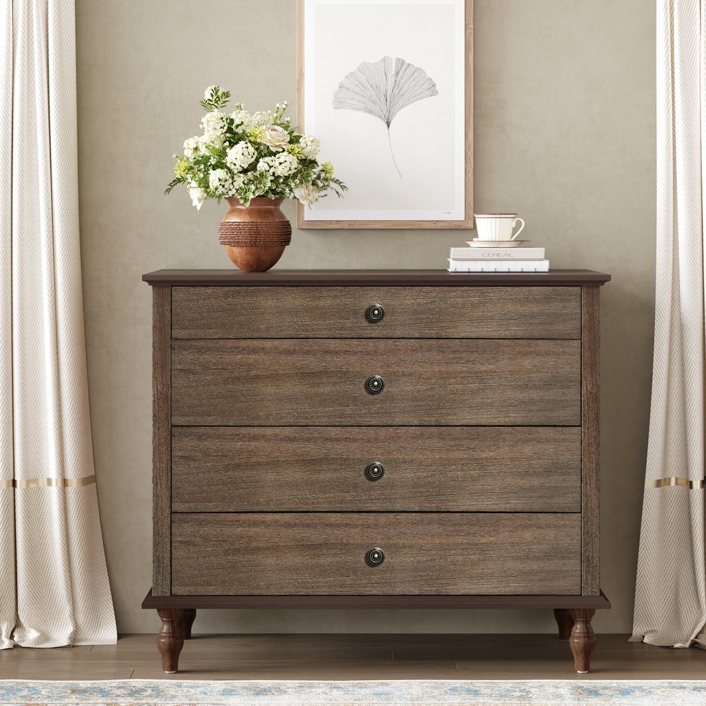 Large 4-Drawer Chest with Solid Wood Foot, Dresser with Brushed Deep Brown Finish & Metal Drawer Knobs, Antique Design for Bedroom & Nursery