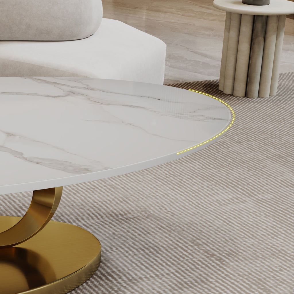 Oval coffee table sculptural stainless steel sled base detail