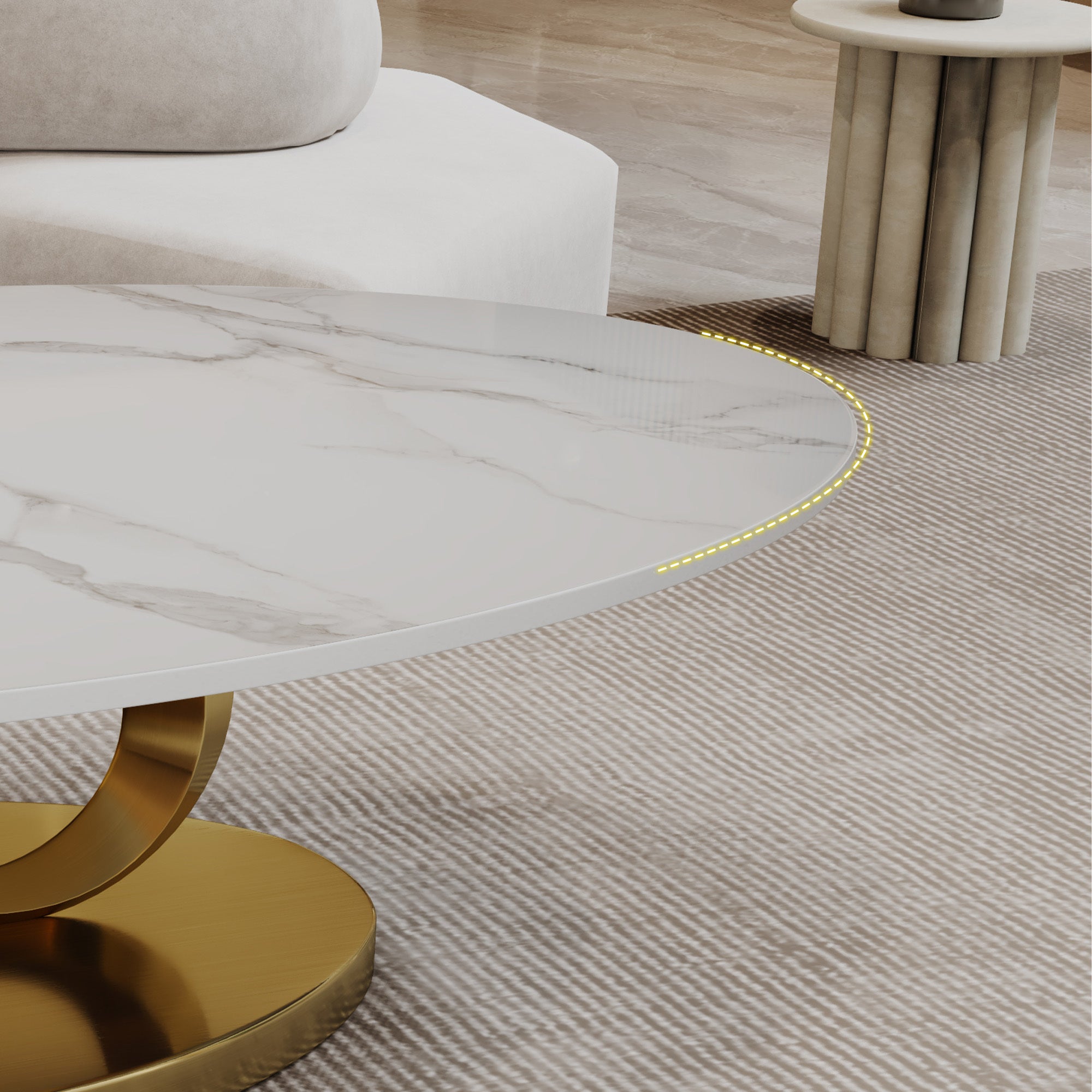 Oval coffee table sculptural stainless steel sled base detail