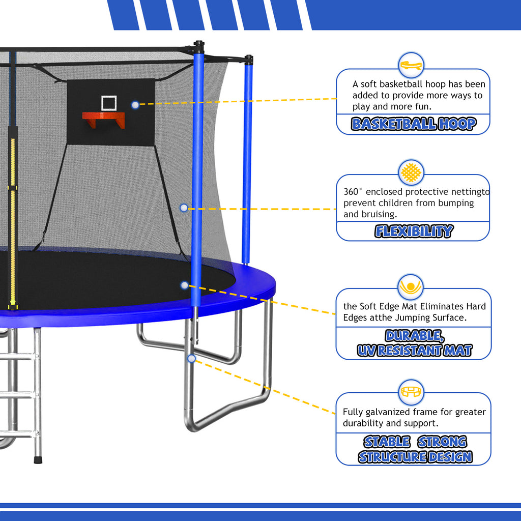 Outdoor trampoline feature infographic basketball hoop UV mat galvanized frame — detail view