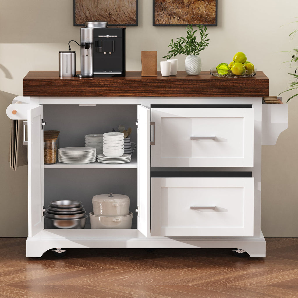 K&K 53' Large Kitchen Island with 3.5' Thick Desktop, Spice and Towel Racks, Rolling Kitchen Island with Storage on 5 Wheels, 2 Extra-large Drawers, for Home, Kitchen, Dining Room, Black