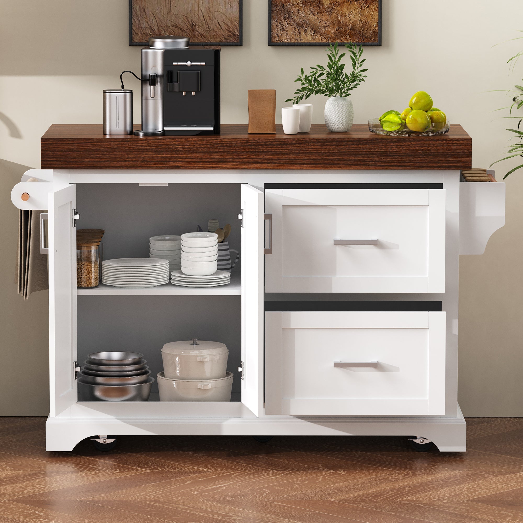 K&K 53' Large Kitchen Island with 3.5' Thick Desktop, Spice and Towel Racks, Rolling Kitchen Island with Storage on 5 Wheels, 2 Extra-large Drawers, for Home, Kitchen, Dining Room, Black