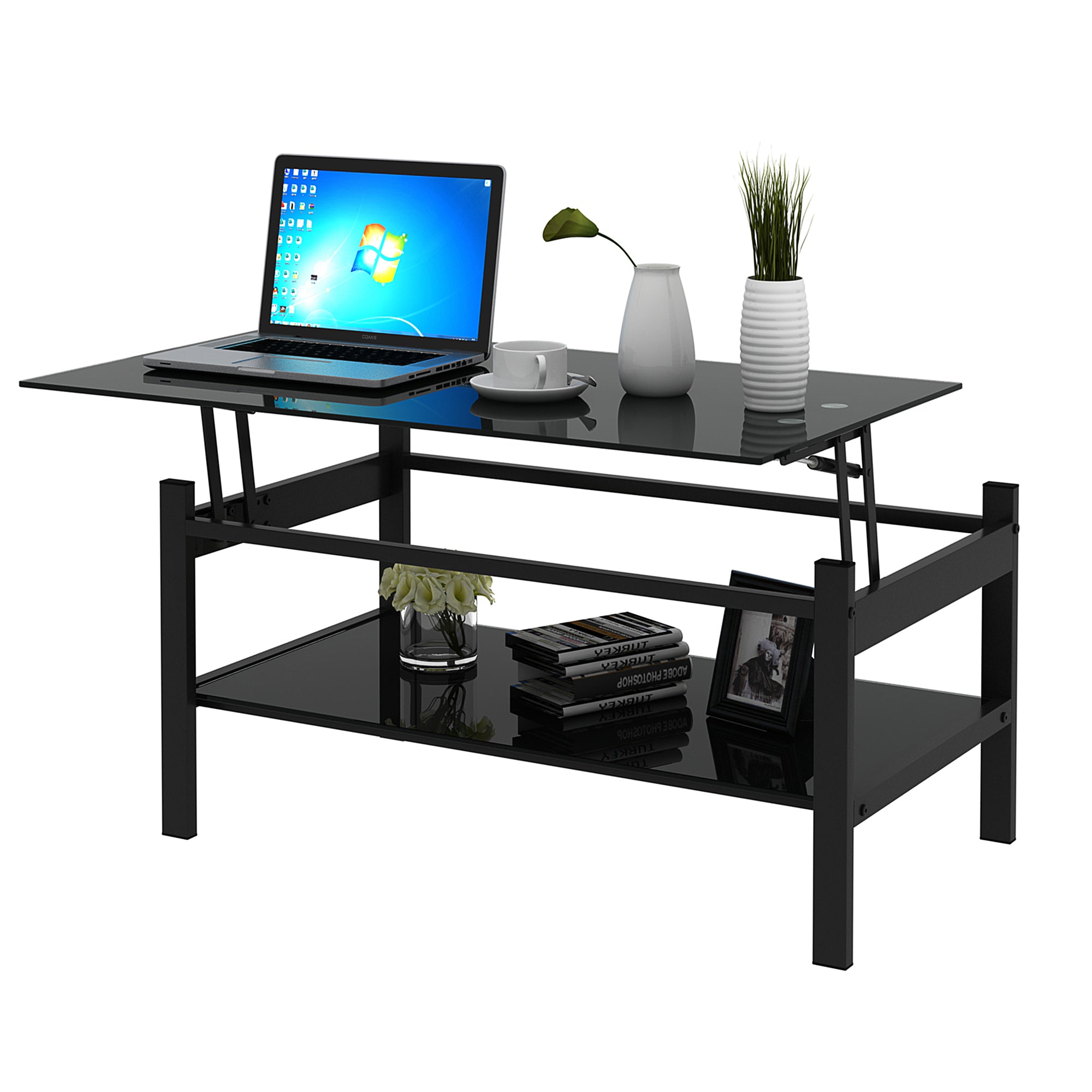 Lift-top coffee table metal tube legs side profile