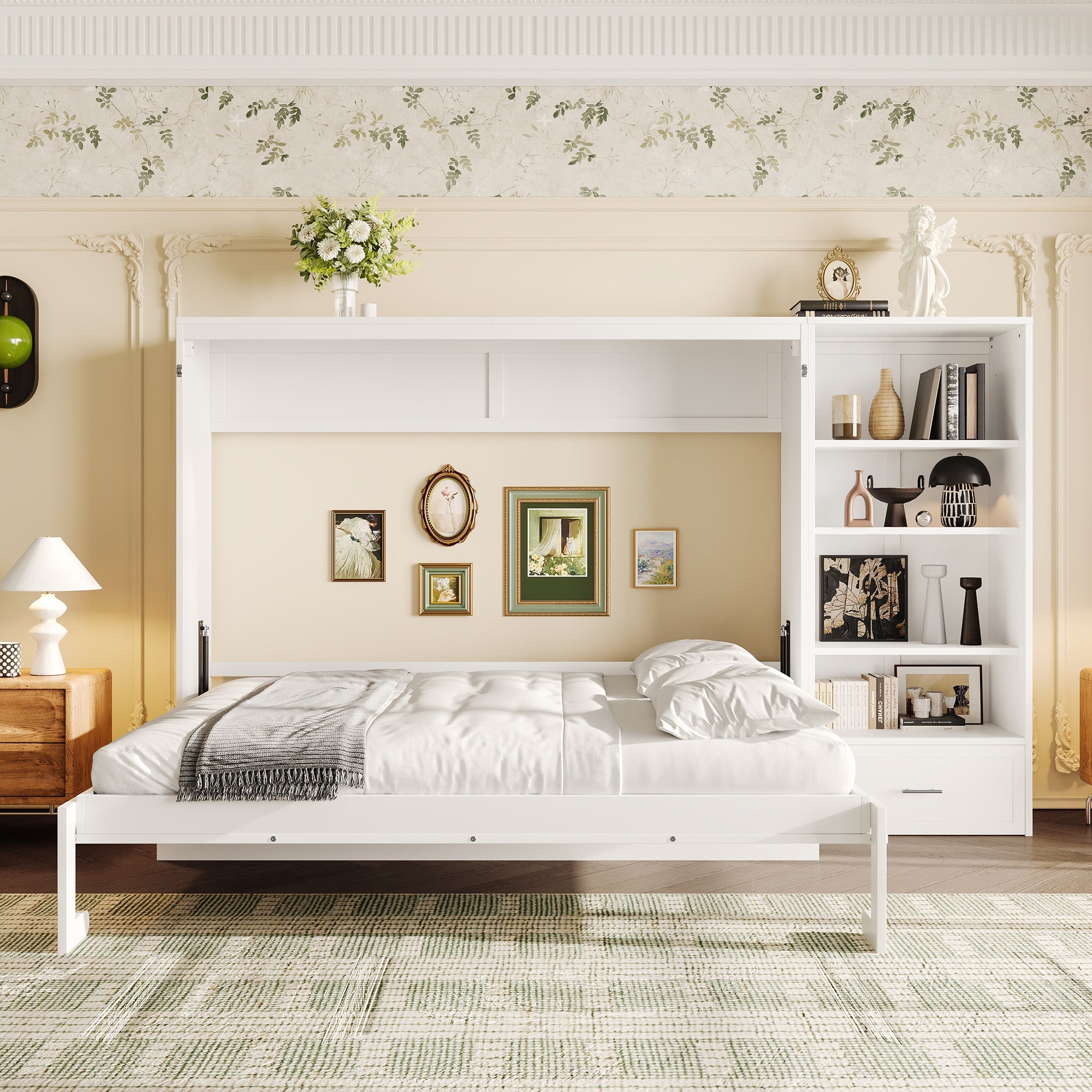 Queen Size Murphy Bed with Height Adjustable Storage Compartments and Shelf, Wall Bed Frame With 1 Drawer, Multifunctional Foldable Platform Bed for Bedroom,Guest Room, Walnut(OLD SKU:N733S309223D)