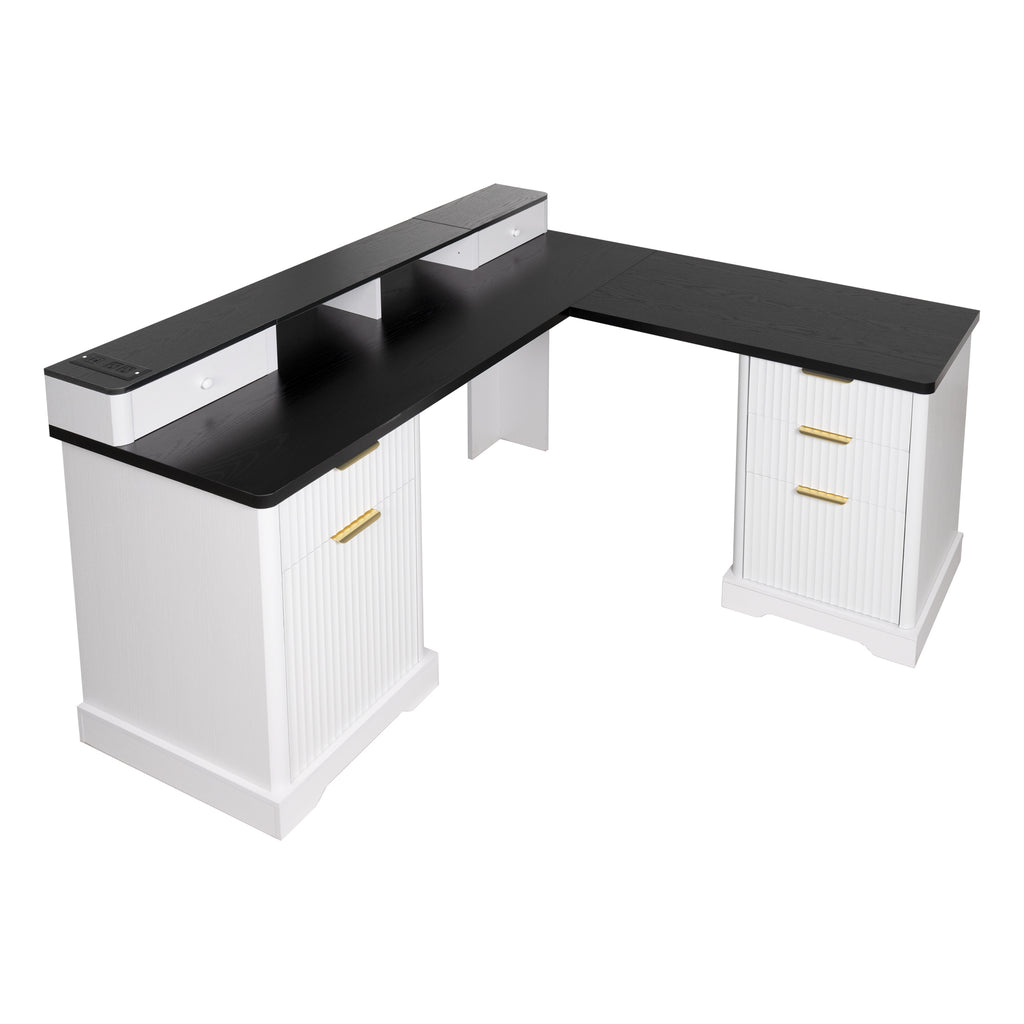 White L-shaped desk drawer front fluted panel detail