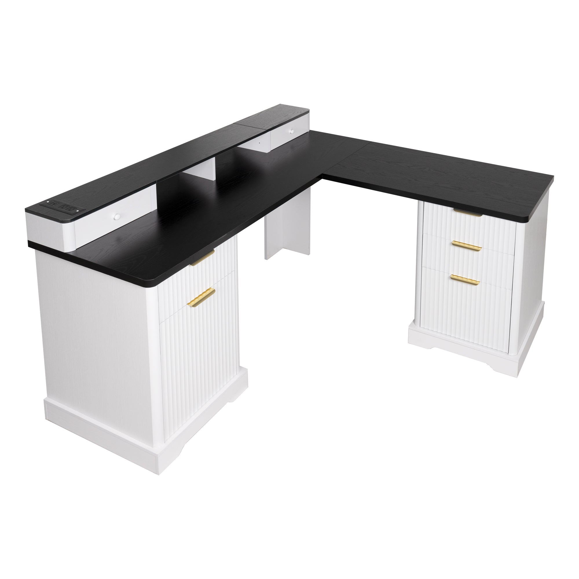 White L-shaped desk drawer front fluted panel detail
